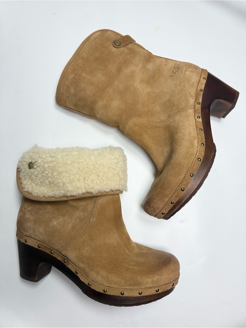 UGG Lynnea S/N 3204 Fold Over Leather Clog Chunky Fur-lined Boots S-602 Sz 9